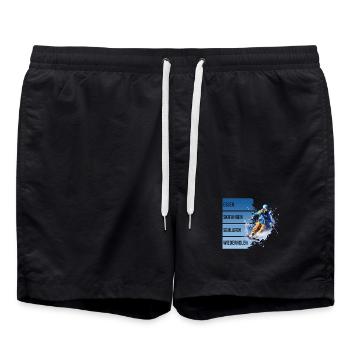 Essen - Skifahren - Schlafen - Wiederholen - Badeshorts - Schwarz - Vorne - AI Model Male 185 light (185cm)