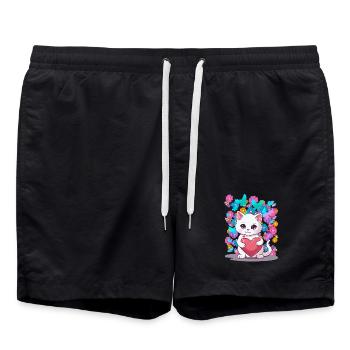 Chat Printemps Fleurs Coeur Enfants Bébé Chaton - Short de bain - noir - Devant - AI Model Male 185 light (185cm)