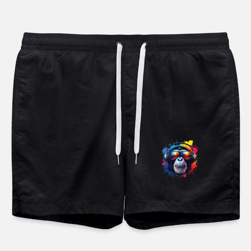 Buntes Affenkopf mit Kopfhörern - Badeshorts - Schwarz