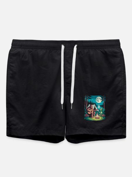 Bigfoot at the campfire with alien - Swim Trunks - black