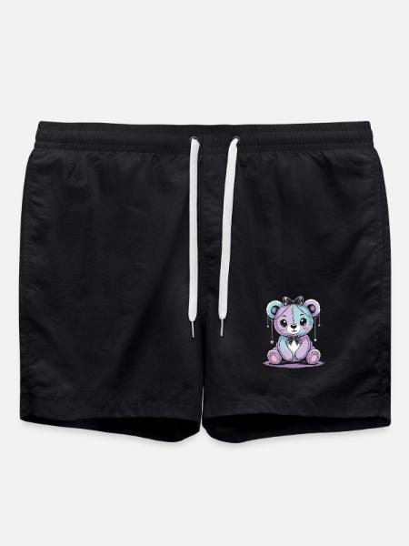 Kawaii Pastel Goth Patched Bear - Swim Trunks - black