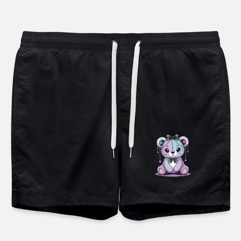 Kawaii Pastel Goth Patched Bear - Swim Trunks - black