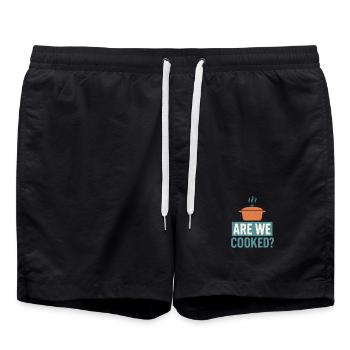Sind wir fertig? Lustiger Meme-Spruch - Badeshorts - Schwarz - Vorne - AI Model Male 185 light (185cm)