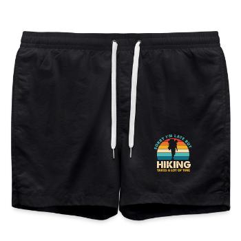 Hiking saying: Sorry, I'm late - Swim Trunks - black - Front - AI Model Male 185 light (185cm)
