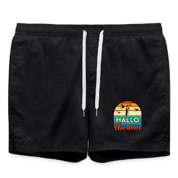 Holidays on Usedom Baltic Sea HELLO USEDOM Funny - Swim Trunks - black - Front - AI Model Male 185 light (185cm)