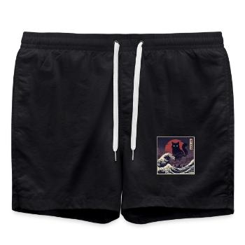 Giant Kaiju Cat Over Waves 巨猫怪獣現る - Swim Trunks - black - Front - AI Model Male 185 light (185cm)