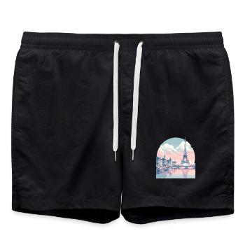 Pastell Paris: Skyline am Seine - Badeshorts - Schwarz - Vorne - AI Model Male 185 light (185cm)