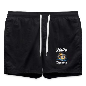Holidays on Usedom Baltic Sea HELLO USEDOM Funny - Swim Trunks - black - Front - AI Model Male 185 light (185cm)