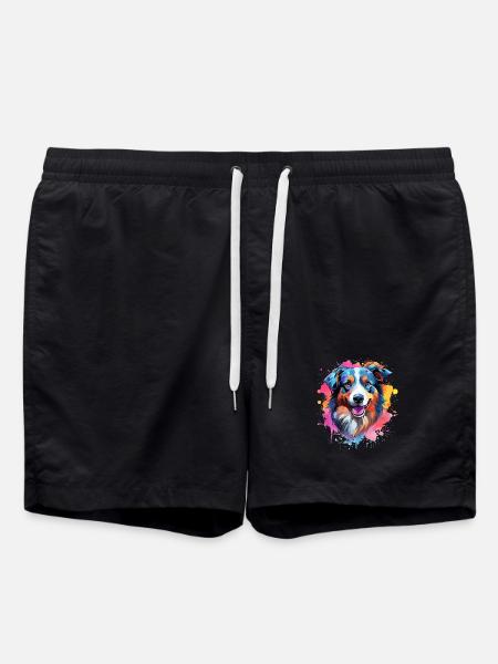 Colorful Splash Art Australian Shepherd Dog - Swim Trunks - black