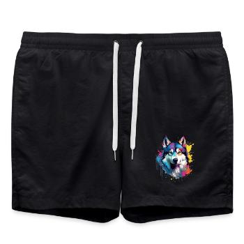 Dog Husky Bunte Spritzkunst - Badeshorts - Schwarz - Vorne - AI Model Male 185 light (185cm)