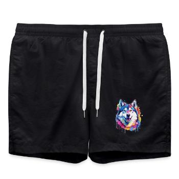 Chien Husky Coloré avec des éclaboussures - Short de bain - noir - Devant - AI Model Male 185 light (185cm)