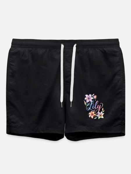 Lily Watercolor Flowers - Swim Trunks - black