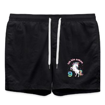 9. Geburtstag Einhorn Mädchen Ich bin schon 9 - Badeshorts - Schwarz - Vorne - AI Model Male 185 light (185cm)