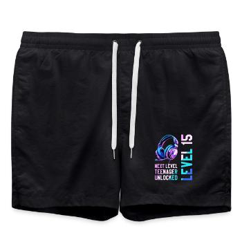 15th Birthday Boy Girl Teenager Level 15 - Swim Trunks - black - Front - AI Model Male 185 light (185cm)