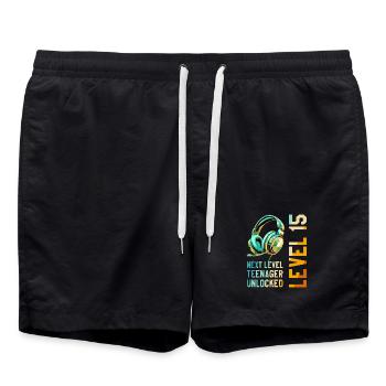 15th Birthday Boy Girl Teenager Level 15 - Swim Trunks - black - Front - AI Model Male 185 light (185cm)
