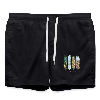 Madeira Urlaub Travel – Dschungel & Blüten Motiv - Badeshorts - Schwarz - Vorne - AI Model Male 185 light (185cm)
