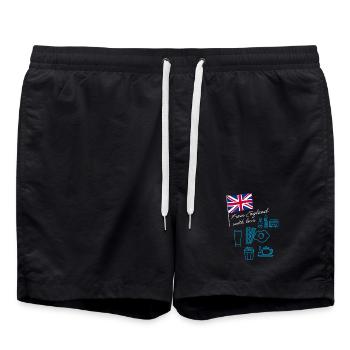 EXANGLIA (Blauer + Weißer Text) - Badeshorts - Schwarz - Vorne - AI Model Male 185 light (185cm)