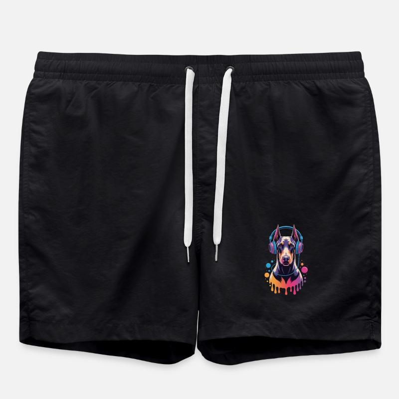 Dobermann mit Kopfhörern - Badeshorts - Schwarz