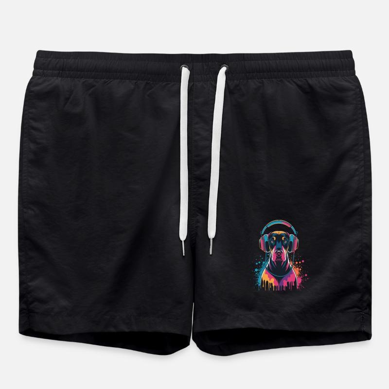 Doberman with headphones - Swim Trunks - black
