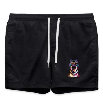 Deutscher Schäferhund mit Kopfhörer - Badeshorts - Schwarz - Vorne - AI Model Male 185 light (185cm)