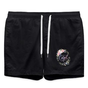 Carol Floraler Kranz mit Schrift - Badeshorts - Schwarz - Vorne - AI Model Male 185 light (185cm)