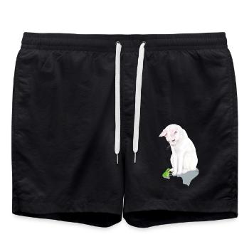 White cat with green frog - Swim Trunks - black - Front - AI Model Male 185 light (185cm)