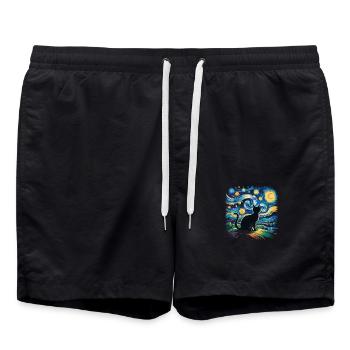 Artistic Starry Night with Cat – Van Gogh St - Swim Trunks - black - Front - AI Model Male 185 light (185cm)