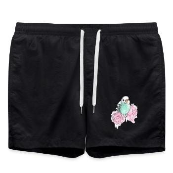 Wellensittich und Pfingstrosen - Badeshorts - Schwarz - Vorne - AI Model Male 185 light (185cm)
