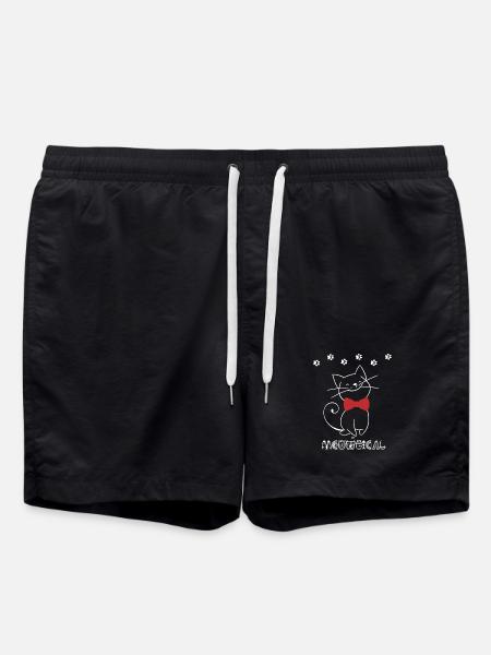 Playful cat illustration with red ribbon - Swim Trunks - black