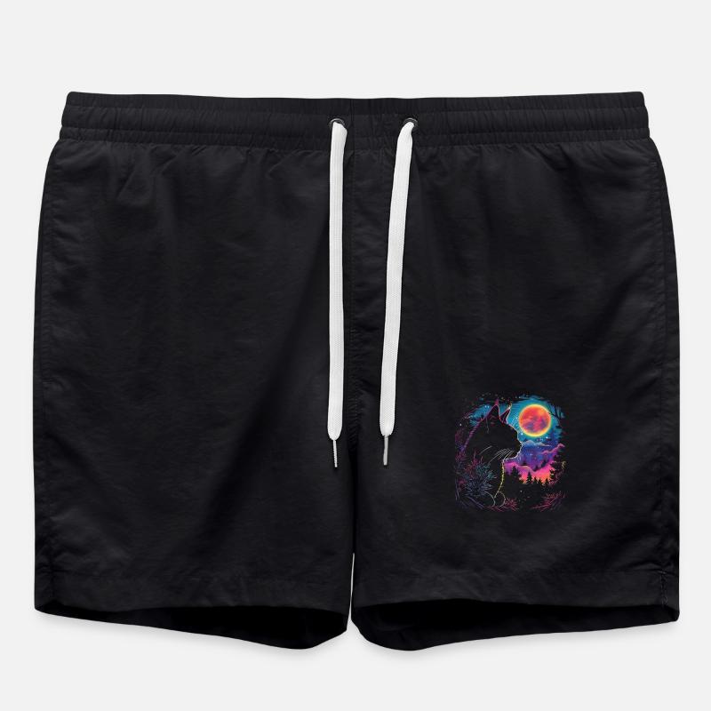 Cat sleep in neon night - Swim Trunks - black