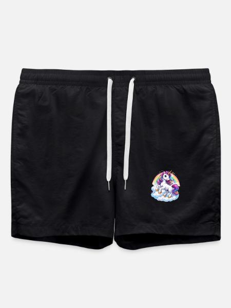 Regenbogen-Einhorn über Wolken - Badeshorts - Schwarz