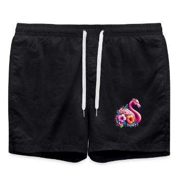 Flamingo verziert mit Hibiskusblüten - Badeshorts - Schwarz - Vorne - AI Model Male 185 light (185cm)