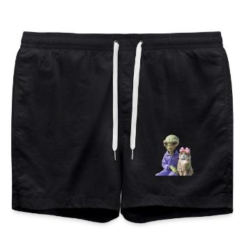 Alien und Katze – Galaktische Liebe - Badeshorts - Schwarz - Vorne - AI Model Male 185 light (185cm)