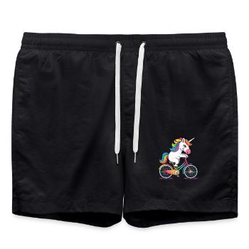Regenbogen-Einhorn fährt Fahrrad - Badeshorts - Schwarz - Vorne - AI Model Male 185 light (185cm)