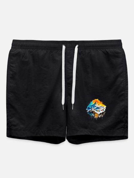 Himalayan Watercolor Mountains & Prayer Flags - Swim Trunks - black