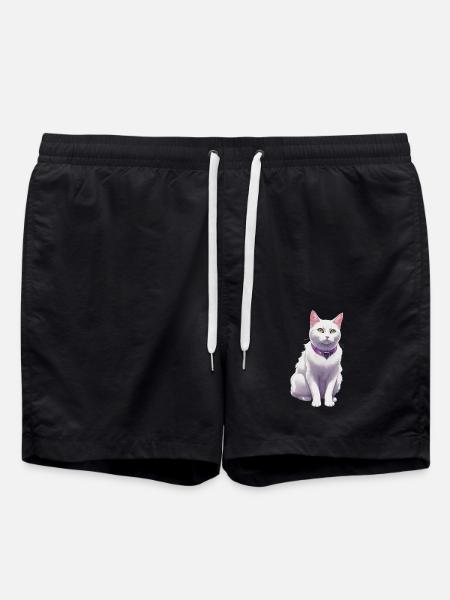 White Cat with a Purple Collar - Swim Trunks - black
