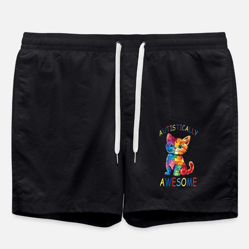 Autistically Awesome Autism Cat - Swim Trunks - black