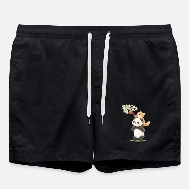 Panda and fox with apple illustration - Swim Trunks - black