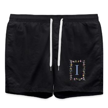 Florale Initial "I" Blumenmonogramm - Badeshorts - Schwarz - Vorne - AI Model Male 185 light (185cm)