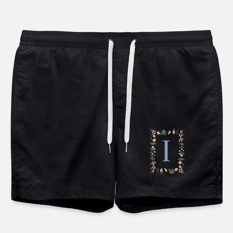 Florale Initial "I" Blumenmonogramm - Badeshorts - Schwarz