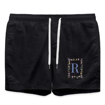 Floral Initialen "R", Buchstaben Monogramm - Badeshorts - Schwarz - Vorne - AI Model Male 185 light (185cm)