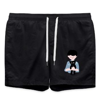 Katze sitzt in menschlicher Handfläche4 - Badeshorts - Schwarz - Vorne - AI Model Male 185 light (185cm)