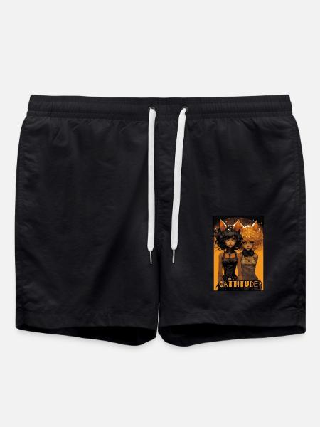 Cattitude: Zwei Katzenmädchen - Badeshorts - Schwarz