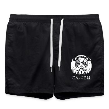 Konnichiwa – Hello! Japanese anime girl - Swim Trunks - black - Front - AI Model Male 185 light (185cm)