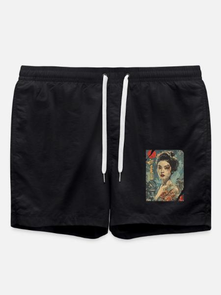 Strong Geisha – Japanese Retro Poster - Swim Trunks - black