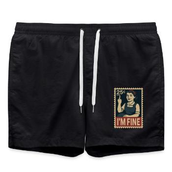 Frau mit Mittelfinger und Text „Mir geht es gut“ - Badeshorts - Schwarz - Vorne - AI Model Male 185 light (185cm)