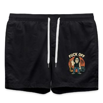 Rocker mit Gitarre, Boombox und „Fuck Off" Spruch - Badeshorts - Schwarz - Vorne - AI Model Male 185 light (185cm)