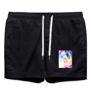 Weißer Wolf vor bunter Höhle - Badeshorts - Schwarz - Vorne - AI Model Male 185 light (185cm)