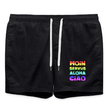 Regenbogen Schriftzug Aloha Ciao - Badeshorts - Schwarz - Vorne - AI Model Male 185 light (185cm)
