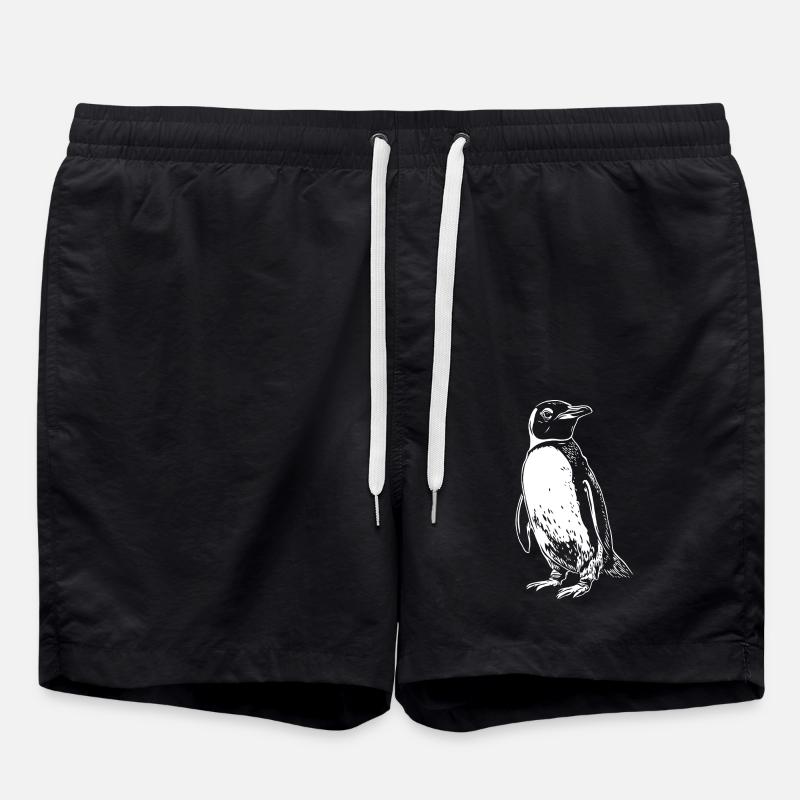 White Penguin Drawing - Swim Trunks - black